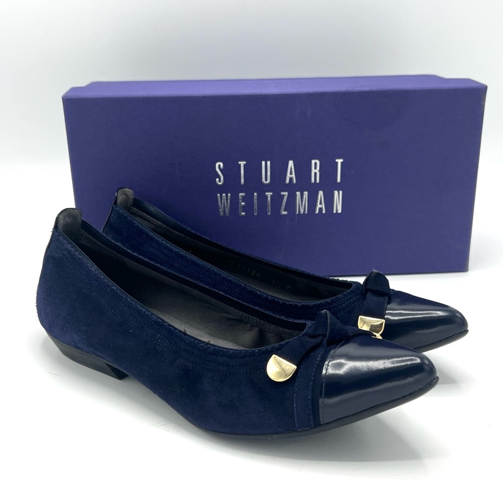 Stuart Weitzman Bowgaloo Navy Blue Suede/Patent Flats with Pointed Toe, Size 6.5